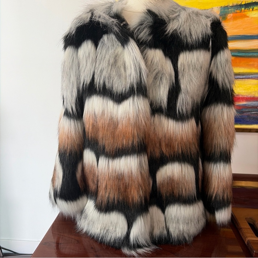 Sand Copenhagen Faux Fur Jacket Black White & Copper Glamorous Rocker Stunner!!